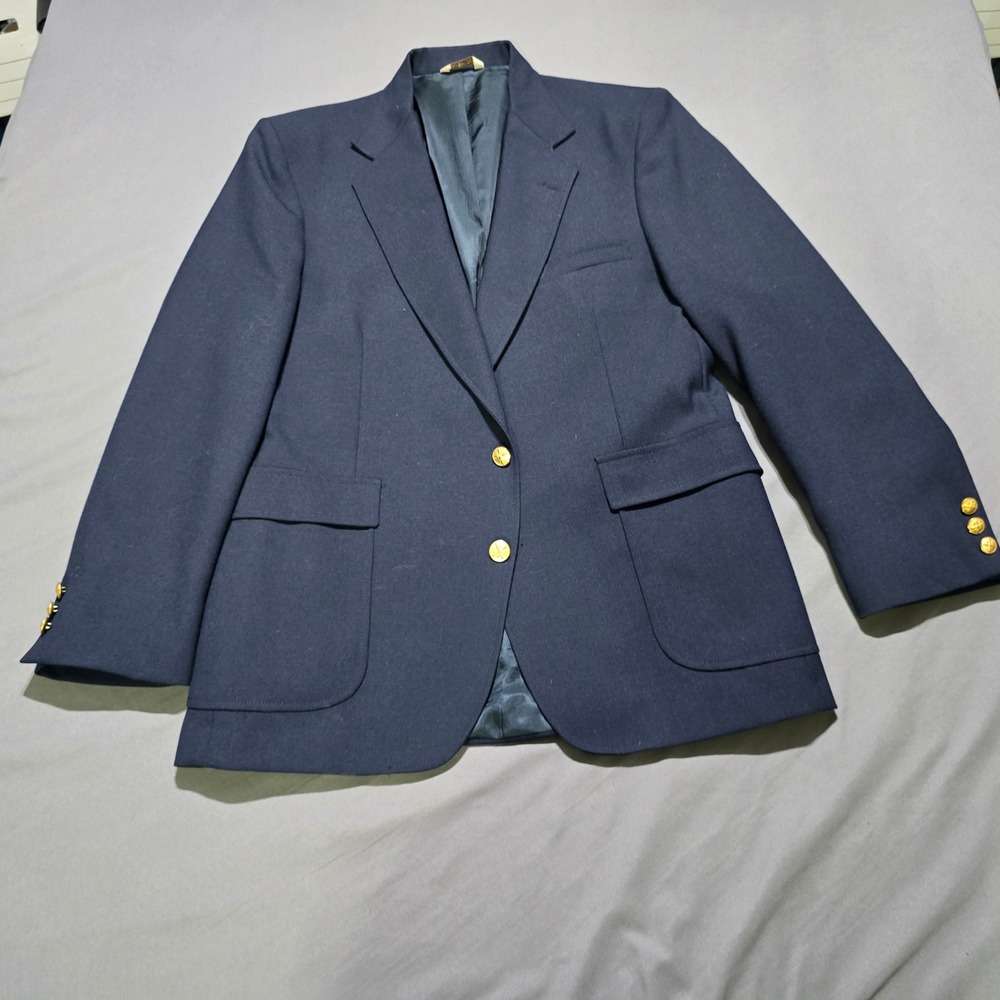 vintage Hasting & Smith Blazer Mens 44R Navy Blue Gold Crest Button Sport Coat